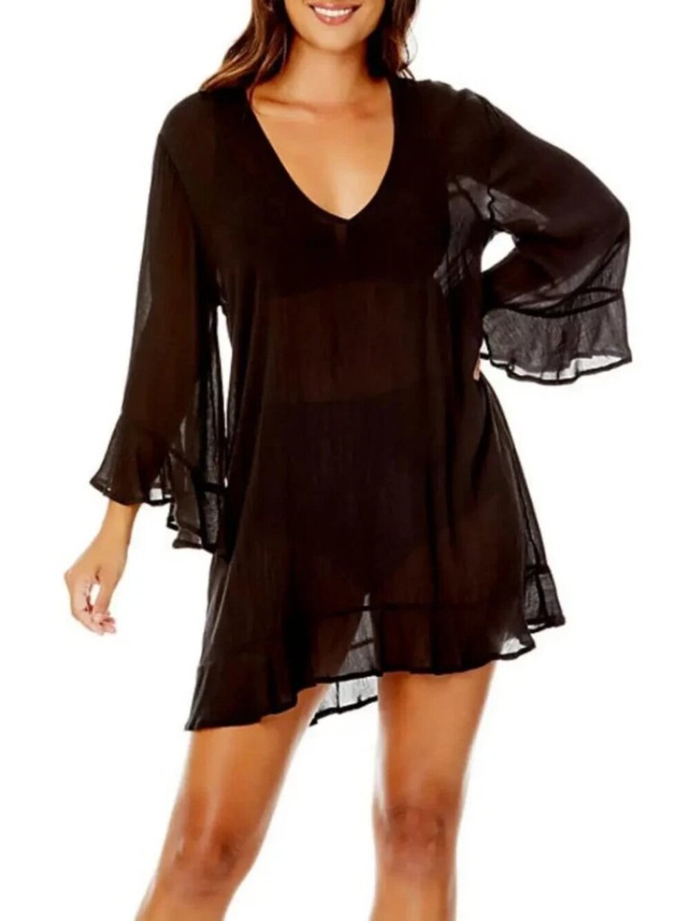 Anne Cole Flounce Tunic Swimsuit Coverup Women's Size XS/S Sheer Black Resort